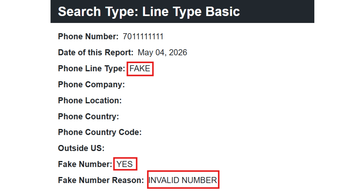 Phone Validator Fake Number Result